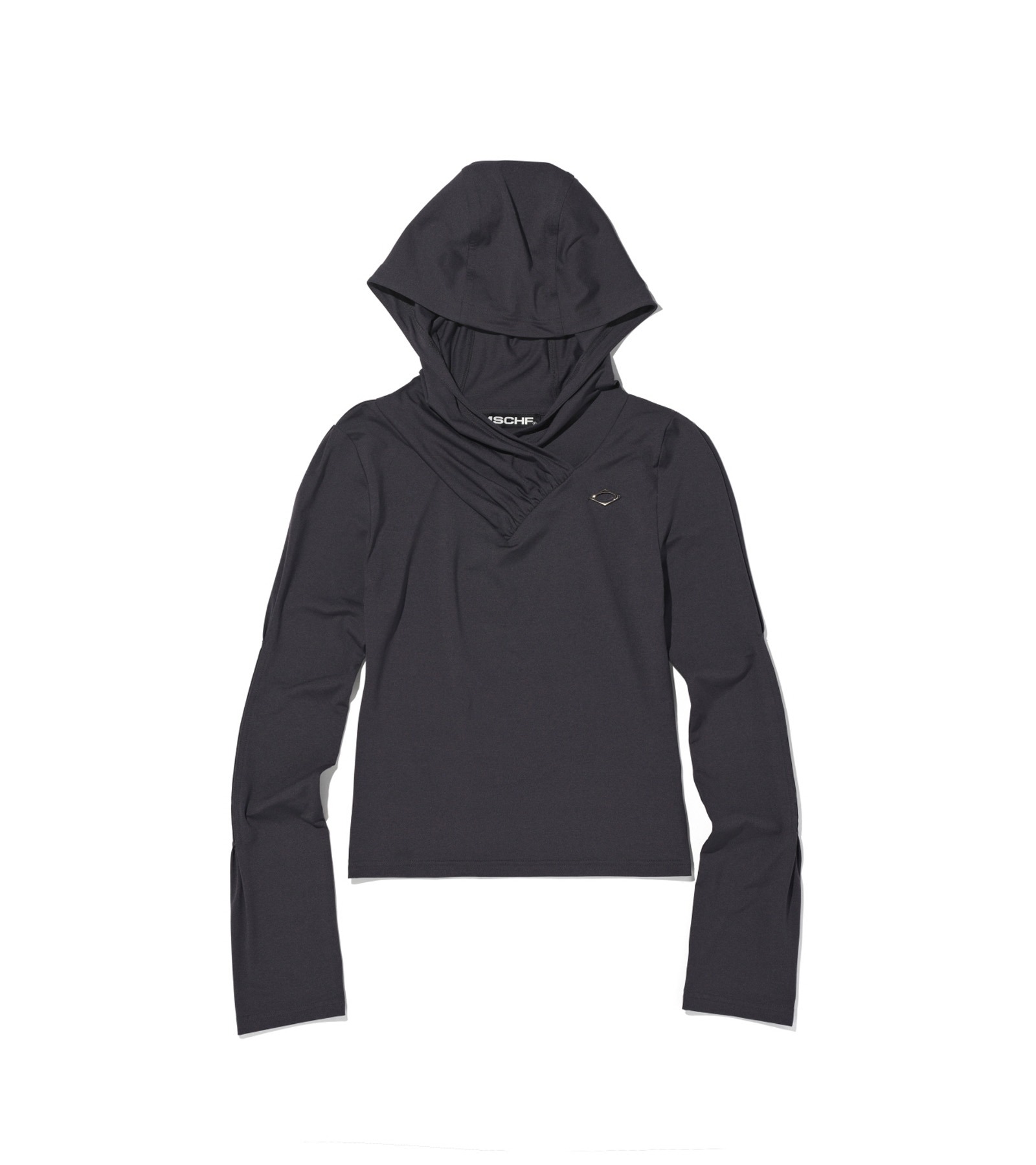 HOODED SHIRRING OVERLAP TOP (CHARCOAL)